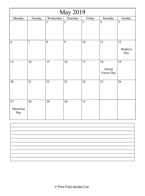 may 2019 calendar printable with notes vertical layout