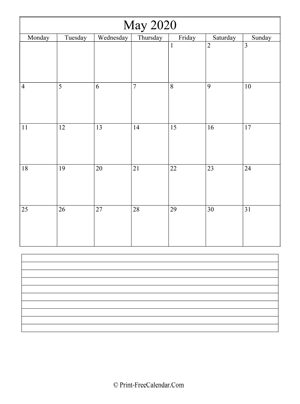 may 2020 calendar printable with notes vertical layout