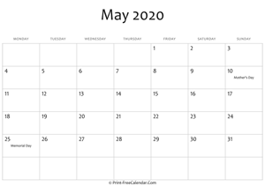 may 2020 editable calendar with holidays