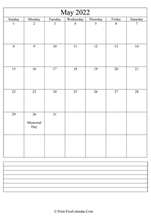 may 2022 calendar printable with notes (vertical layout)