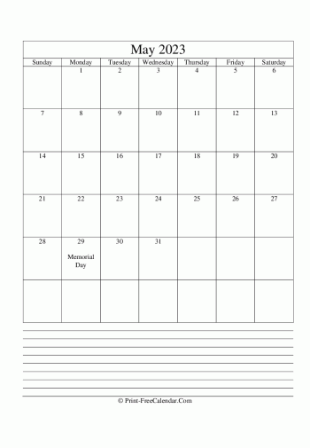 may 2023 calendar printable with notes vertical layout