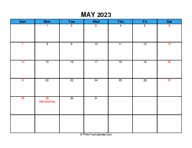 may 2023 calendar with usa holidays, weeks start on sunday, landscape