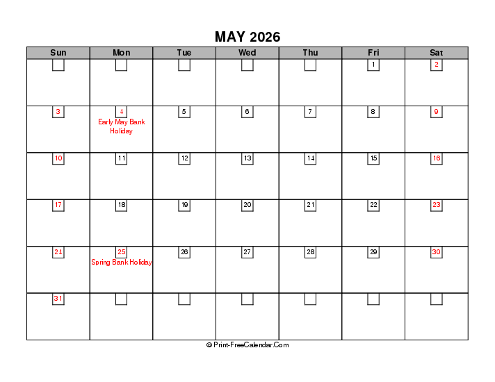 May 2026 Boxy Calendar With Uk Bank Holidays Sunday Start, Landscape Layout