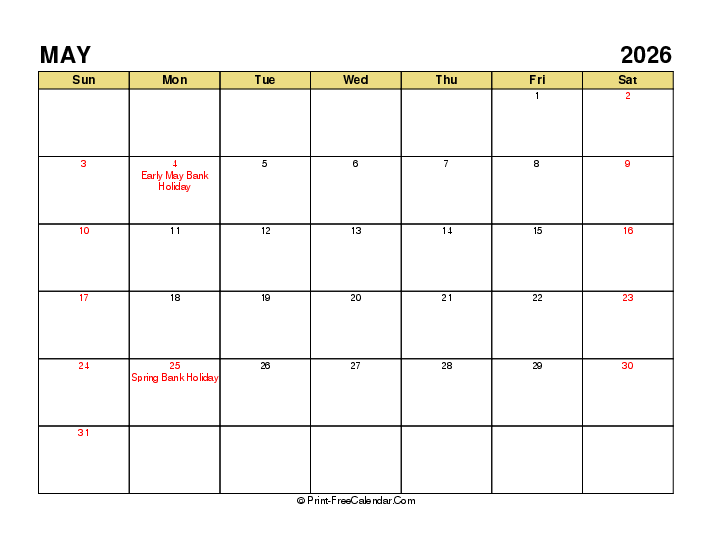 May 2026 Calendar With Uk Bank Holidays Sunday Start, Landscape Layout