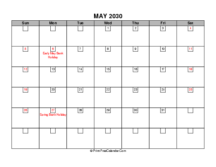 may 2030 boxy calendar with uk-bank holidays, week start on sunday, Landscape orientation