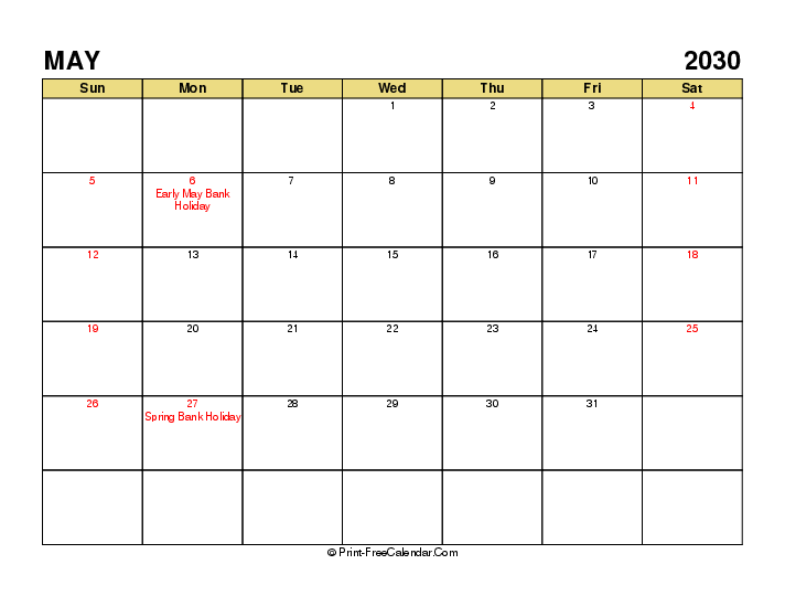 may 2030 calendar with uk-bank holidays, week start on sunday, Landscape orientation