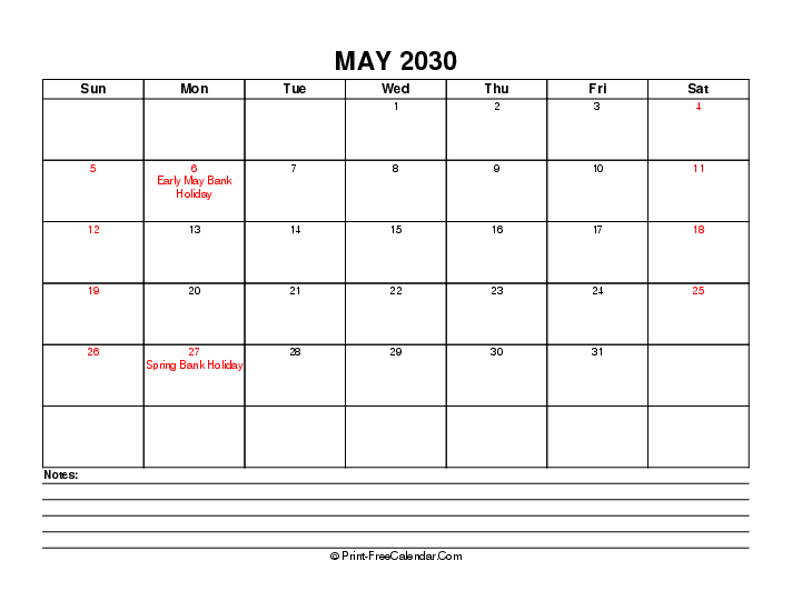 may 2030 editable calendar with uk-bank holidays, week start on sunday, Landscape orientation