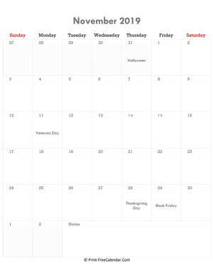 november 2019 calendar printable with holidays portrait layout