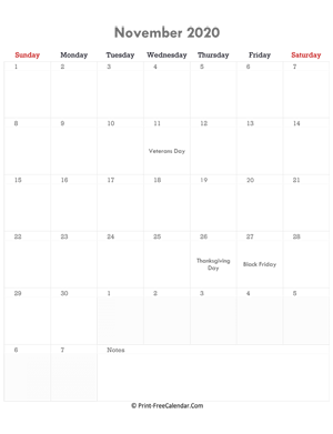 november 2020 calendar printable with holidays (portrait layout)