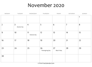 november 2020 editable calendar with holidays
