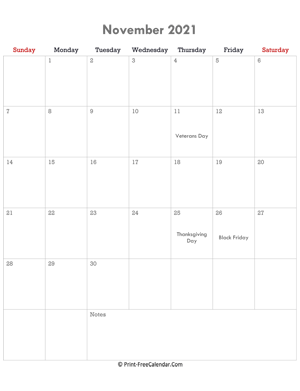 november 2021 calendar printable with holidays (portrait layout)