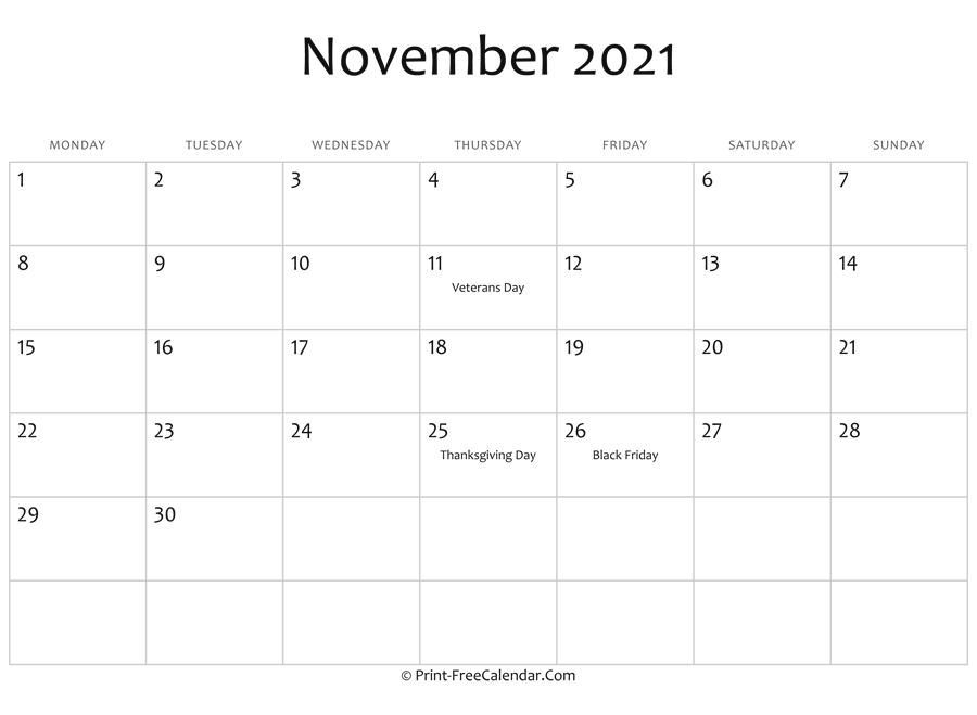 November 2021 Editable Calendar with Holidays