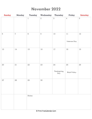 november 2022 calendar printable with holidays (portrait layout)