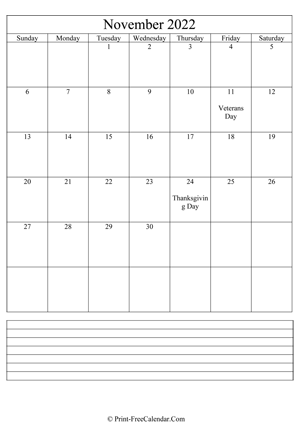 november 2022 calendar printable with notes vertical layout