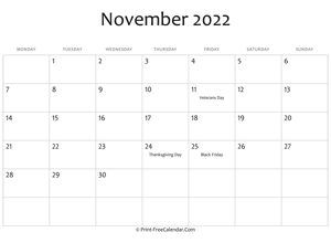 november 2022 editable calendar holidays