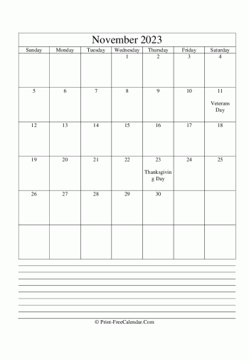 november 2023 calendar printable with notes vertical layout