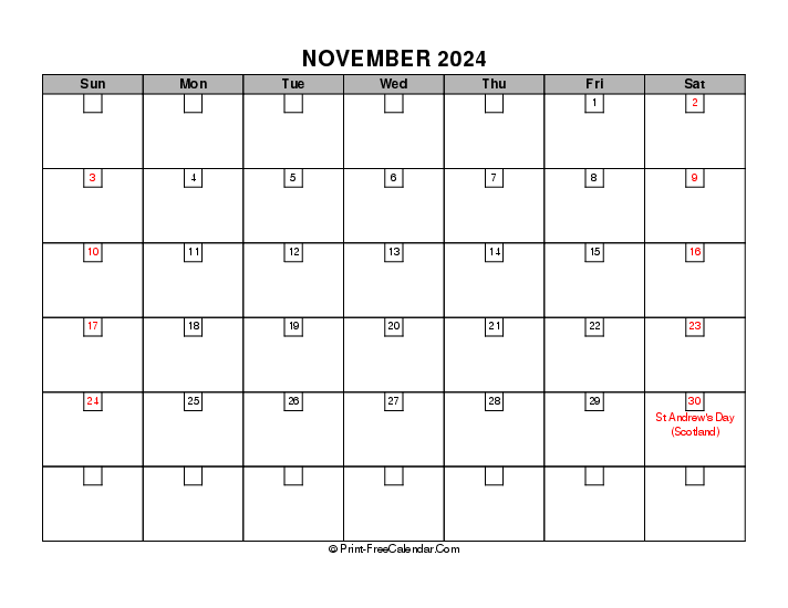 november 2024 boxy calendar with uk-bank holidays, week start on sunday, Landscape orientation