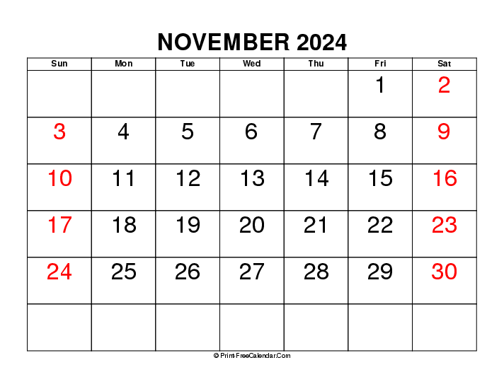 november 2024 calendar large font sunday start landscape