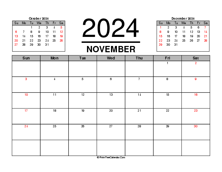 november 2024 calendar previous next month sunday start landscape