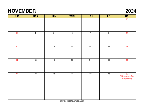 November 2024 UK Calendars