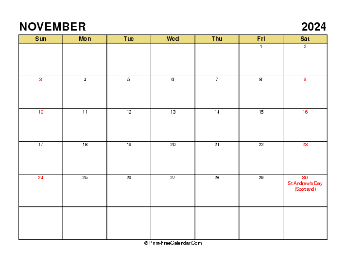 november 2024 calendar with uk-bank holidays, week start on sunday, Landscape orientation