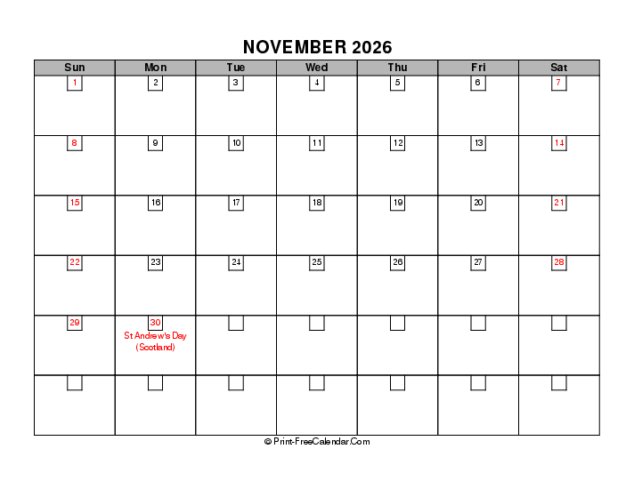 november 2026 boxy calendar with uk-bank holidays, week start on sunday, Landscape orientation