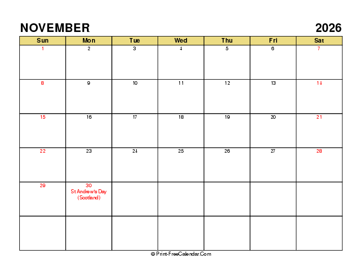 november 2026 calendar with uk-bank holidays, week start on sunday, Landscape orientation