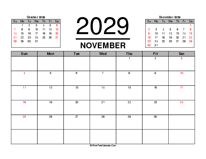 november 2029 calendar with previous and next month