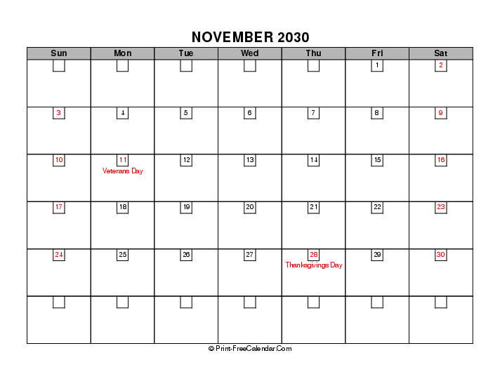 november 2030 boxy calendar with usa holidays, week start on sunday, Landscape orientation