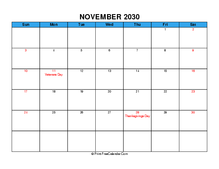november 2030 calendar with usa holidays, week start on sunday, Landscape orientation