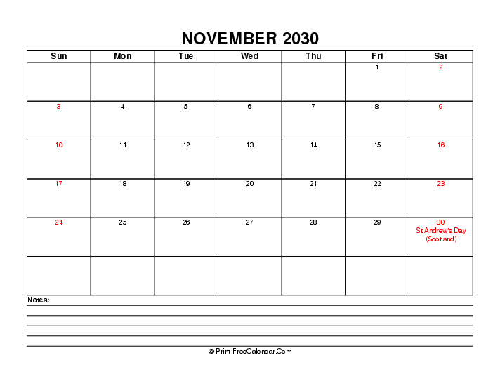 november 2030 editable calendar with uk-bank holidays, week start on sunday, Landscape orientation