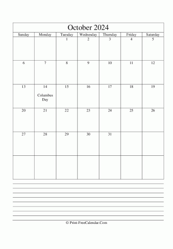 october 2024 calendar printable with notes vertical layout
