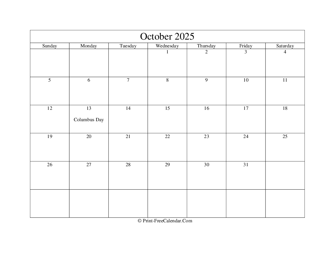 Free Printable October 2025 Calendar 