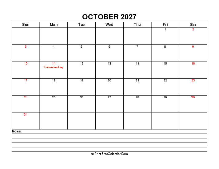 october 2027 editable calendar with usa holidays, week start on sunday, Landscape orientation