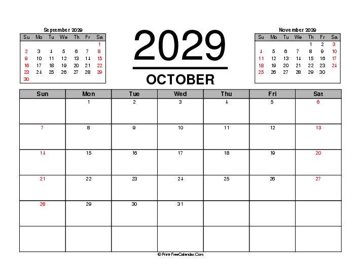 october 2029 calendar previous next month sunday start landscape
