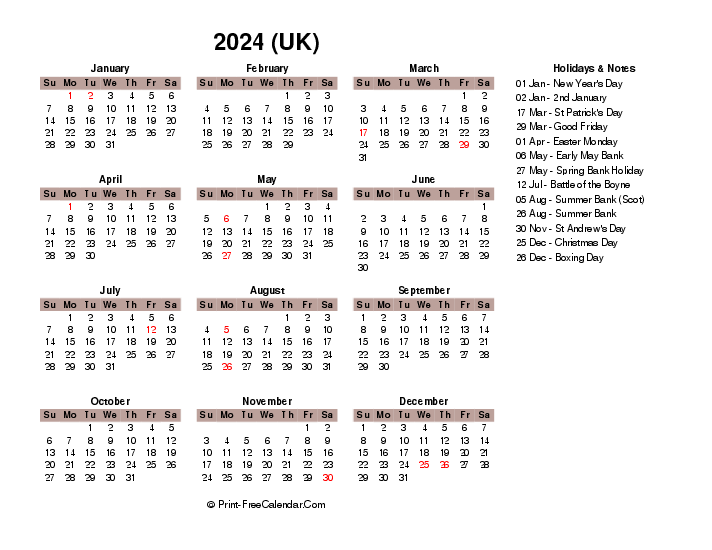 one page calendar 2024 with uk-bank holidays, week start on sunday, Landscape orientation