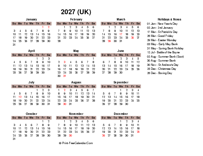 one page calendar 2027 with uk-bank holidays, week start on sunday, Landscape orientation