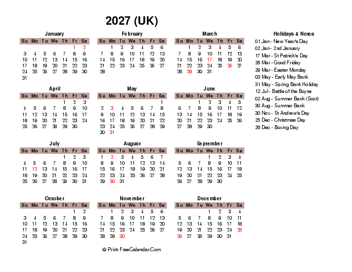 Download One Page Calendar 2027 With Uk Bank Holidays Sunday Start PDF 
