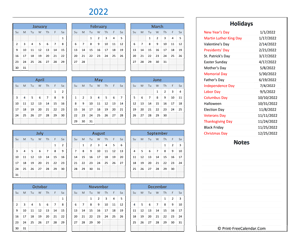 printable 2022 calendar holidays notes
