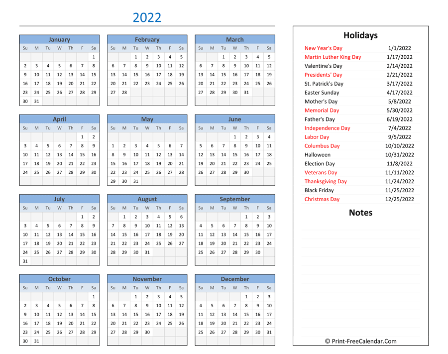 Printable 2022 Calendar with Holidays and Notes