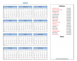 printable 2023 calendar with holidays and notes