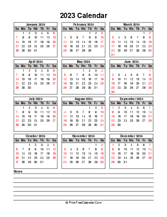 printable 2023 calendar sunday start bottom notes portrait