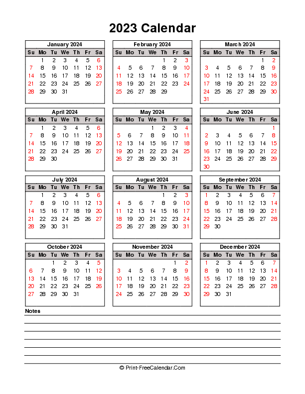 printable 2023 calendar sunday start bottom notes portrait