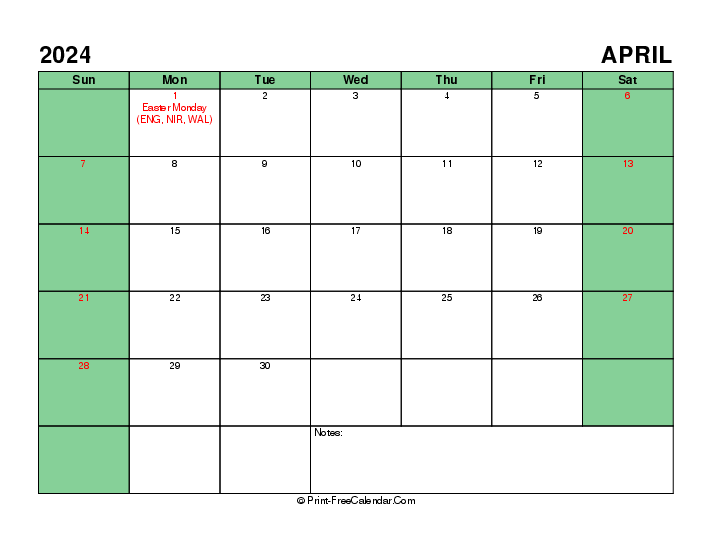printable 2024 april calendar with uk-bank holidays, week start on sunday, Landscape orientation