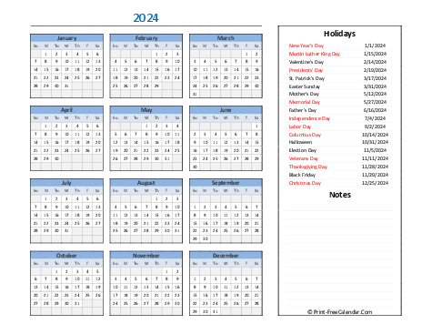 printable 2024 calendar holidays notes