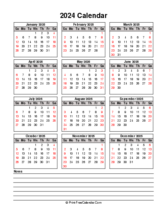 printable 2024 calendar sunday start bottom notes portrait