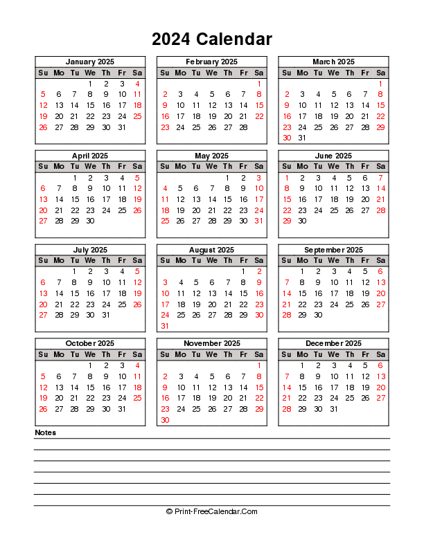 printable 2024 calendar sunday start bottom notes portrait