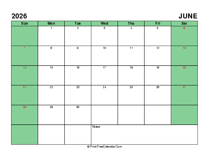 printable 2026 june calendar with uk-bank holidays, week start on sunday, Landscape orientation