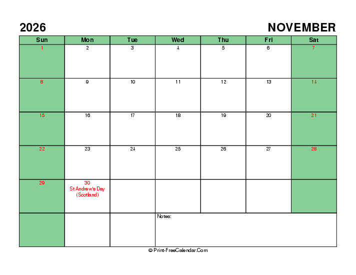 printable 2026 november calendar with uk-bank holidays, week start on sunday, Landscape orientation