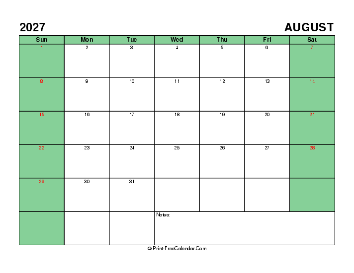 Printable 2027 August Calendar With Usa Holidays Sunday Start, Landscape Layout